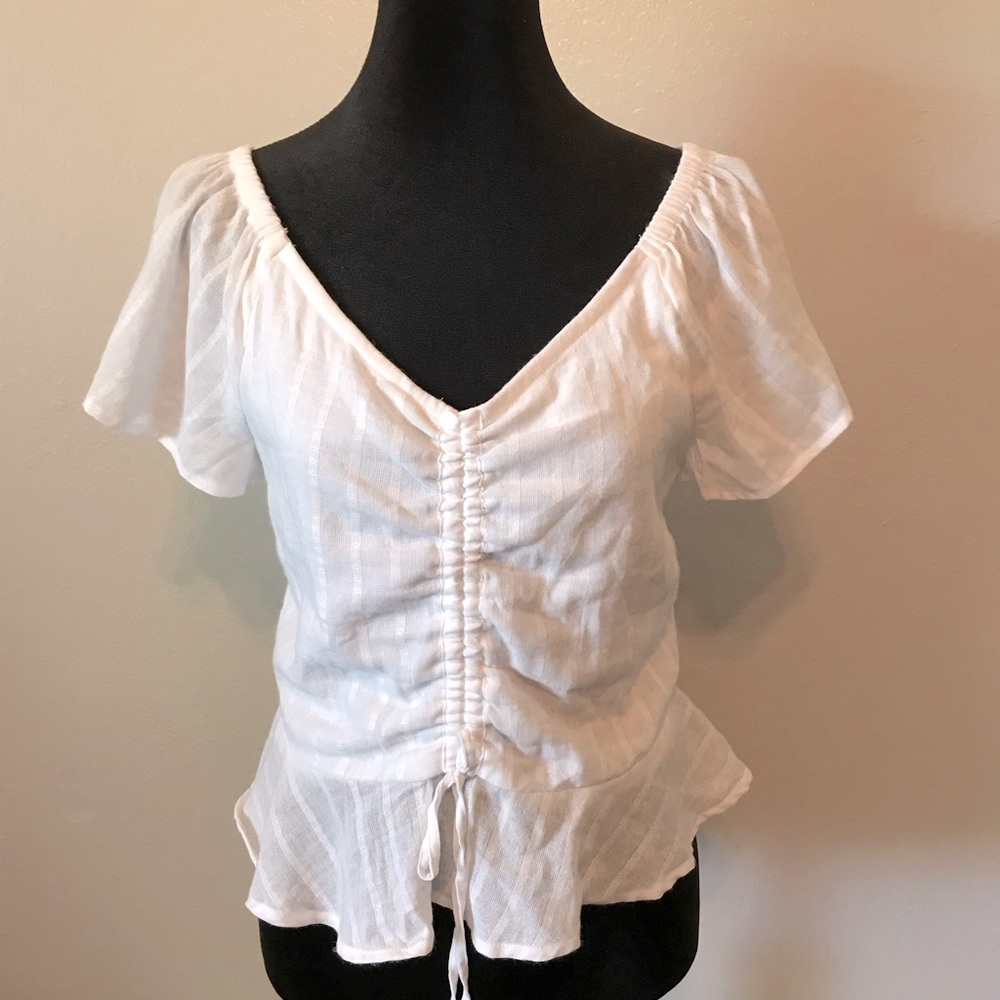 Japna White V-neck Flutter Short Sleeves Top Gathered Stretch back Size M